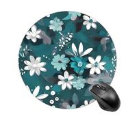 Teal Grey and White Floral Round Mouse Pad 7.8 Inch, Portable Gaming Mouse Mat with Non-Slip Rubber Base & Smooth Surface, Waterproof Mousepad for PC, Laptop, Computer, Office, Home