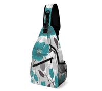 Teal Grey And White Floral Sling Bag with Rfid Blocking Causal Mens Crossbody Bag Lightweight Chest Pack Large Man Purse Travel Crossbody Backpack Shoulder Sling Backpack for Hiking Running Cycling