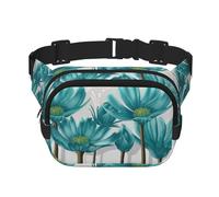 Teal Grey and White Floral Square Double Layer Waist Bag Belt Fanny Pack Purse with Adjustable Strap, Running, Travel, Hiking
