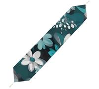 Teal Grey and White Floral Table Runner for Dining Table, Short Plush Runners Washable & Durable Tablerunner Modern Home Decor for Wedding, Kitchen, Holiday 229*33cm