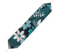 Teal Grey and White Floral Table Runner for Dining Table, Short Plush Runners Washable & Durable Tablerunner Modern Home Decor for Wedding, Kitchen, Holiday 178*33cm