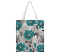 Teal Grey And White Floral Tote Bag, Aesthetic Canvas Tote Bag Reusable Grocery Shopping Bag for Women Men