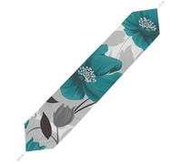 Teal Grey And White Floral1 Short Plush Table Runner, Seasonal Kitchen Dining Table Decoration for Home Party Decor