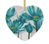 Teal Grey and White Floralchristmas Decorations, Heart-Shaped Ceramic Pendants for Decorating Christmas Trees, Snowmen, Fireplaces, Living Rooms, Bedrooms.