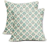 Teal Grey Gray Floral Block Print Pillow Covers 16x16 Inch Set of 2, Vintage Flower Pattern Decorative Throw Pillowcases Outdoor Farmhouse Cushion Covers Spring Summer Rustic Sofa Couch Bed Decor