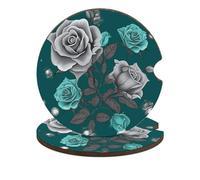Teal Grey Rose Car Coasters Cup Holder Insert Coaster, 2Pcs Absorbent Cork Bar Coasters, Heat Resistant Reusable Anti Slip Drink Coaster Car Decor Auto Accessories for Women