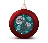 Teal Grey Rose Christmas Ball Ornament - 2.4 Inch Shatterproof Plastic Xmas Tree Decorations, Red Christmas Tree Decor Hanging Ball for Holiday Wedding Party Decor