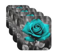 Teal Grey Rose Coasters for Drinks Set of 4 Non-slip Leather Coaster Heat Resistant Drink Coaster for Tabletop Protection Absorbent Cup Mat for Coffee Table Decor Square