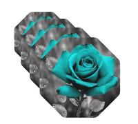 Teal Grey Rose Coasters for Drinks Set of 4 Non-slip Leather Coaster Heat Resistant Drink Coaster for Tabletop Protection Absorbent Cup Mat for Coffee Table Decor Octagon