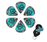 Teal Grey Rose Guitar Picks 6 Pack 3 Different Thickness Celluloid Guitar Plectrums with Guitar Pick Holder Personalized Guitar Pick for Acoustic Guitar, Electric Guitar, Bass, Ukulele