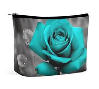 Teal Grey Rose Makeup Bag, Portable PU Leather Cosmetic Bag with Zipper Pouch, Waterproof Travel Toiletry Bag for Women Men