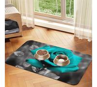 Teal Grey Rose Pet Feeding Mat Absorbent Pu Leather Dog Cat Food Mats Contain Spills Protects Floors, Anti-Slip Rubber Backing Dog Bowl Mats Easy Clean Pet Placemats 40x60cm