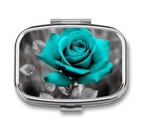 Teal Grey Rose Pill Box 2 Compartments Portable Travel Pill Case Mini Medicine Organizer for Pocket Purse Metal Waterproof Medicine Container Holder Vitamin Fish Oil
