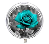 Teal Grey Rose Pill Box for Pocket Round Pill Box 3 Compartment Decorative Portable Travel Pill Holder Tablet Vitamin Organizer Mini Pill Case