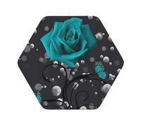 Teal Grey Rose Printed Coasters Set of 4, Tabletop Protection Leather Coasters for Cup Drinks Coffee Pads Beer Bar Mat Gifts, Hexagon