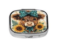 Teal Highland Cow Pattern Pill Case Pill Box Travel Pill Organizer Small Square Medicine Box for Purse & Pocket Gifts