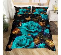 (Teal, King(No Comforter)) Homewish Rose Theme Double Bedding Set For Adults Men Women,Yellow Roses Flowers Comforter Cover Romantic Valentine'S Day Duvet Cover Botanical