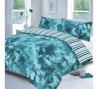 (Teal, King) Rose 4 Pcs Complete Flowers Duvet Cover Set With Valance Sheet & Pillowcase