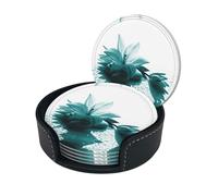 Teal Lily Print Chic Round Leather Coasters â€“ Set Of 6 Full-Print Coasters In A Premium Pu Leather Storage Box