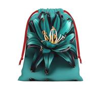 Teal Lily Print Drawstring Gift Bag, Xmas Wrapping Bags For Presents With Birthday Holiday Party