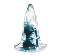 (Teal Lily) Print Hooded Cape For Teenagers Costume Party, Halloween Hooded Cape Soft and Elastic,L