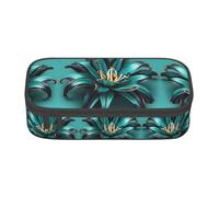 Teal Lily Print Pencil Case,Large Capacity Pencil Case,Multi-Purpose Makeup Pouch with Zipper