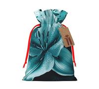 Teal Lily Printed Christmas Drawstring Bags for Party Xmas Gift Wrapping, Red Ribbon, M