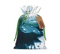 (Teal Lily) Printed Christmas S Size Gift Bags with Green Ribbon Drawstring Candy Bags for Kids Xmas Holiday Christmas Eve Presents