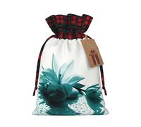 Teal Lily Printing Color Matching Plaid Christmas Bag With Drawstring For Christmas Birthdays Party,4.7x6.9 Inch