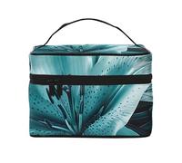 Teal Lily Prints Travel Makeup Bag Flip Portable Toiletry Bag with Handle for Women's Travel and Daily Use
