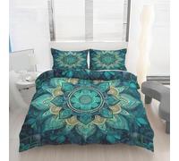 Teal Mandala Duvet Cover Single Bohemian Exotic Floral Bedding Set Microfiber, Reversible Quilt Cover 135x200 with Zipper Closure and Pillowcase 50x75, Tuj34J