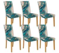 Teal Marble Dining Chair Covers, Stretch & Washable Spandex Seat Protectors, Elegant Decorative Slipcovers for Home Kitchen 6PCS
