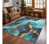 Teal Marble Rug, Modern Teal and Gold Area Rug 140x200cm, Machine Washable Rug for Living Room, Bedroom, Non Slip Soft Carpet, Abstract Marble Home Decor & Gifts D#1211