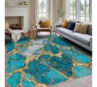 Teal Marble Rug Small Mat, Abstract Honeycomb Aqua Green Gold Rug Bedroom Kitchen Machine Washable Non Slip Low Pile, Teal Marble Home Decor Area Rug Carpet 60 x 110 cm