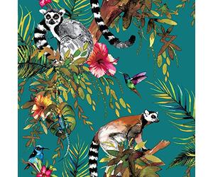 Teal Multicoloured Lemur Wallpaper Monkeys Flowers Floral Trees Animals Holden