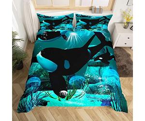 Teal Ocean Whale Comforter Cover Jellyfish Killer Whale Bedding Set The Underwater World Duvet Cover Set Orcinus Orcas Deep Sea Animals Marine Life Bedspread Cover With 2 Pillow Cases King Size