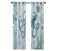 Teal Octopus Blackout Curtains for Bedroom Living Room, Summer Shell Coral 84 In Long Thermal Insulated Room Darkening Drapes Grommet Window Treatments, 42 x 84 In