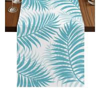Teal Palm Leaves Table Runner, Summer Botanical Tropical Plant Rustic Cotton and Table Linen Runner for Kitchen Dining Home Decor for Party Festival Holiday Decoration Gift 14x72in