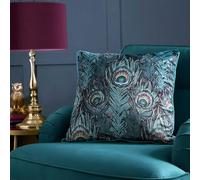 Teal Peacock Cushion 55x55cm - Laurence Llewelyn-Bowen Jacquard Design - Reversible - Piped Edge - Feather Print - Luxury Filled Cushion for Sofa or Bed