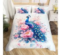 (Teal Pink, Single(No Comforter)) Girls Peacock Comforter Cover Exotic Birds Bohemian Double Bedding Set,Pink Flower Feather Ink Painting Duvet Cover Peacock Feather Printed Bedding