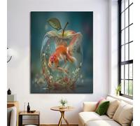 Teal Posters Wall Art, Fantasy Goldfish Canvas Picture Prints Modern Aesthetic Posters, Apple Sculpture Wall Decoratio 70X100Cm Unframed Canvas Artwork For Living Room Bedroom