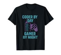 Teal Purple Coder by Day Gamer by Night Techno Design T-Shirt