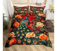 (Teal Red Green, Super King(No Comforter)) Homewish Peacock Comforter Cover Double Teal Blue Peacock Feather Bedding Set Chic Exotic Floral Animal Duvet Cover Oil Painting Artwork Style Quilt C