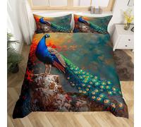(Teal Red, King(No Comforter)) Homewish Peacock Comforter Cover Double Teal Blue Peacock Feather Bedding Set Chic Exotic Floral Animal Duvet Cover Oil Painting Artwork Style Quilt C