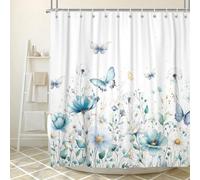 Teal Rustic Floral Shower Curtain, Cute Boho Botanical Flower Butterfly Aesthetic Fabric Shower Curtains Set for Bathroom Decorative, Blue Green Girly Restroom Decor Accessories with Hooks 72X72 Inch