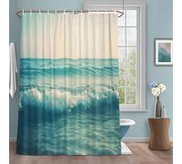 Teal Sea Sky Shower Curtain with 12 Hooks Summer Retro Gradient Ocean Waves Scenery Beach Waterproof Fabric Shower Curtains Sets for Bathroom Bath Decorations, Machine Washable, 36"x78"
