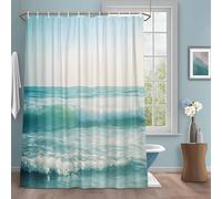 Teal Sea Sky Shower Curtain with 12 Hooks Summer Vintage Gradient Ocean Waves Scenery Beach Waterproof Fabric Shower Curtains Sets for Bathroom Bath Decorations, Machine Washable, 72"x78"