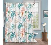 Teal Sea Turtle Starfish Shower Curtain with 12 Hooks Summer Beach Coral Shell Watercolor Waterproof Fabric Shower Curtains Sets for Bathroom Bath Decorations, Machine Washable, 54"x78"