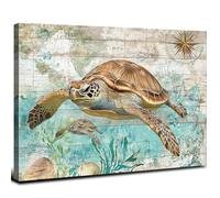 Teal Sea Turtle Wall Art Beach Nautical Bathroom Decor Vintage Ocean Turtle Canvas Pictures for Bathroom Walls Home Toilet, Coastal Theme Painting Poster Seaside Decorations Retro Marine Life Artwork