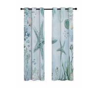 Teal Starfish Blackout Curtains for Bedroom Living Room, Summer Shell Coral 84 In Long Thermal Insulated Room Darkening Drapes Grommet Window Treatments, 52 x 84 In
